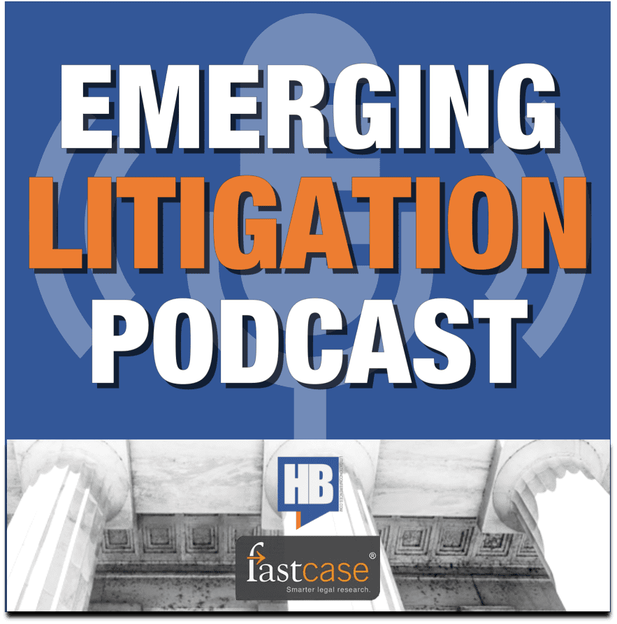 A picture of the emerging litigation podcast logo.