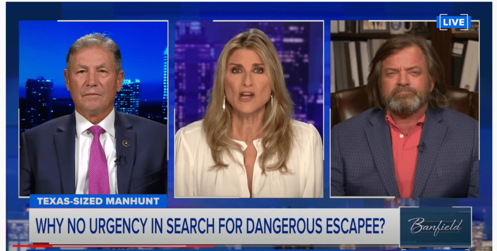 A woman and two men on tv talking about emergency in search for dangerous escapees.